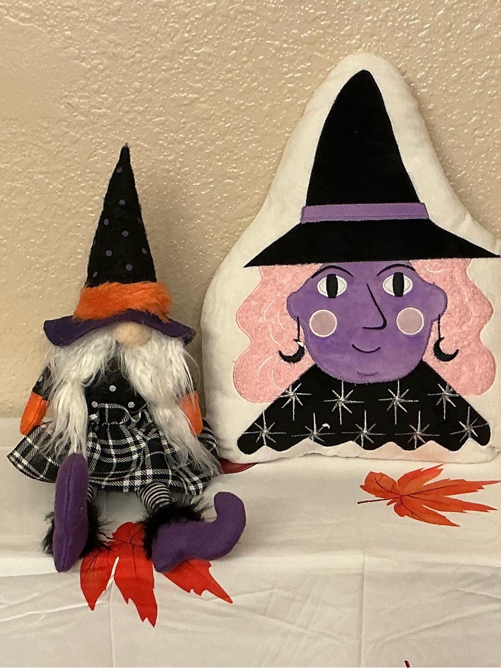 Halloween Purple Witch Plush Pillow and Gnome Decor Set - Purple & Black. NWOT